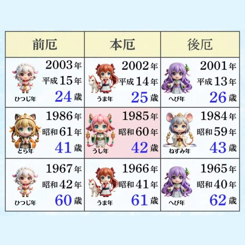 2026年(令和8年)厄年・干支早見表|男女別の本厄・前厄・後厄